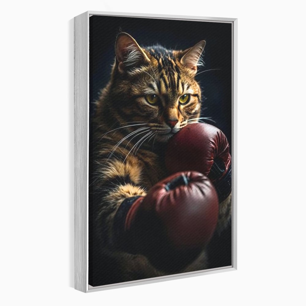 Tablou canvas cu tablou canvas cu motan boxer, in rama de aluminiu argintiu